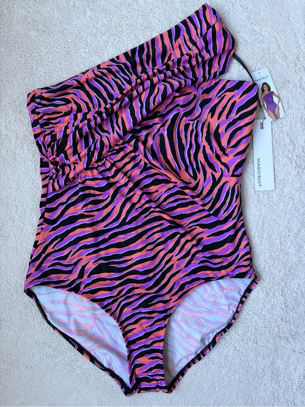 NWT Magicsuit One-Shoulder Zebra Print Swimsuit in Pink, Purple & Black Size 16